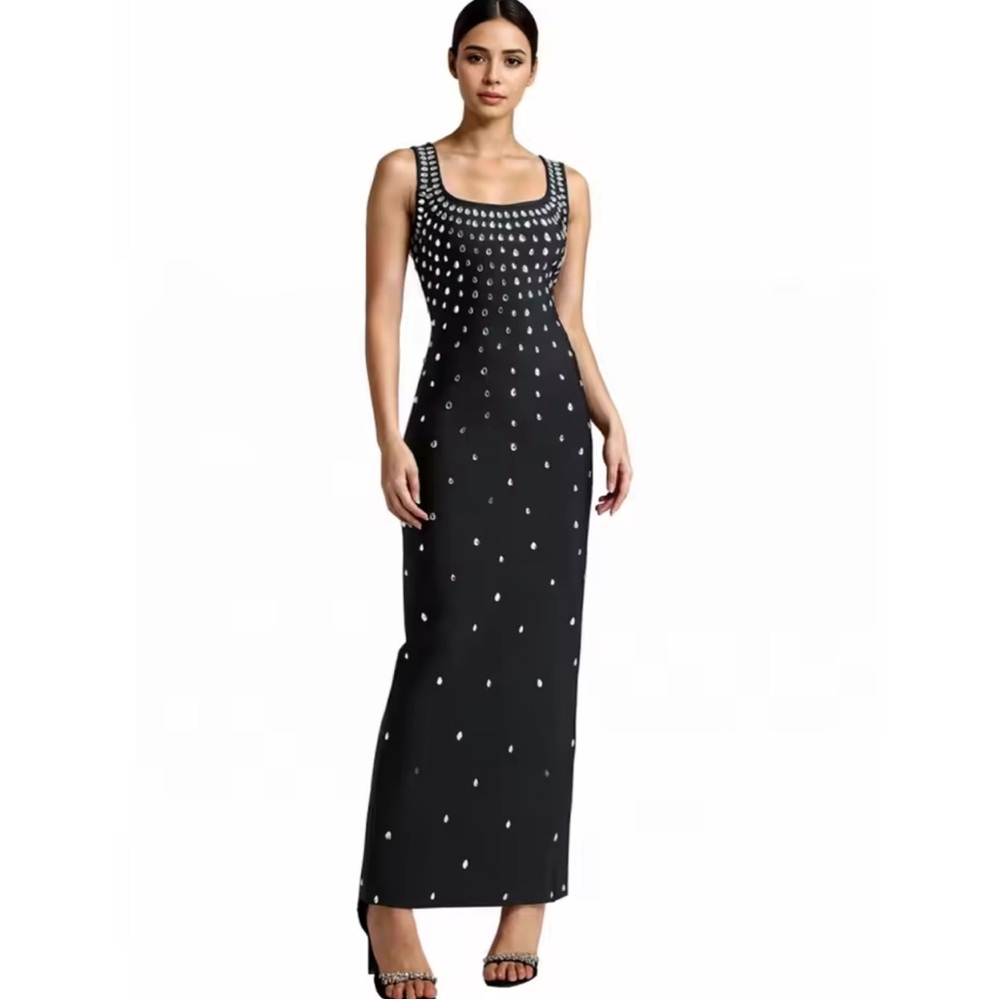 Celebrity Sexy Tank Studded Black Maxi Long Bodycon Bandage Dress